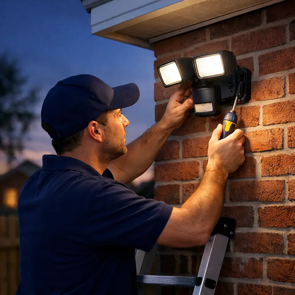 An electrician fitting an external security light in Ayr